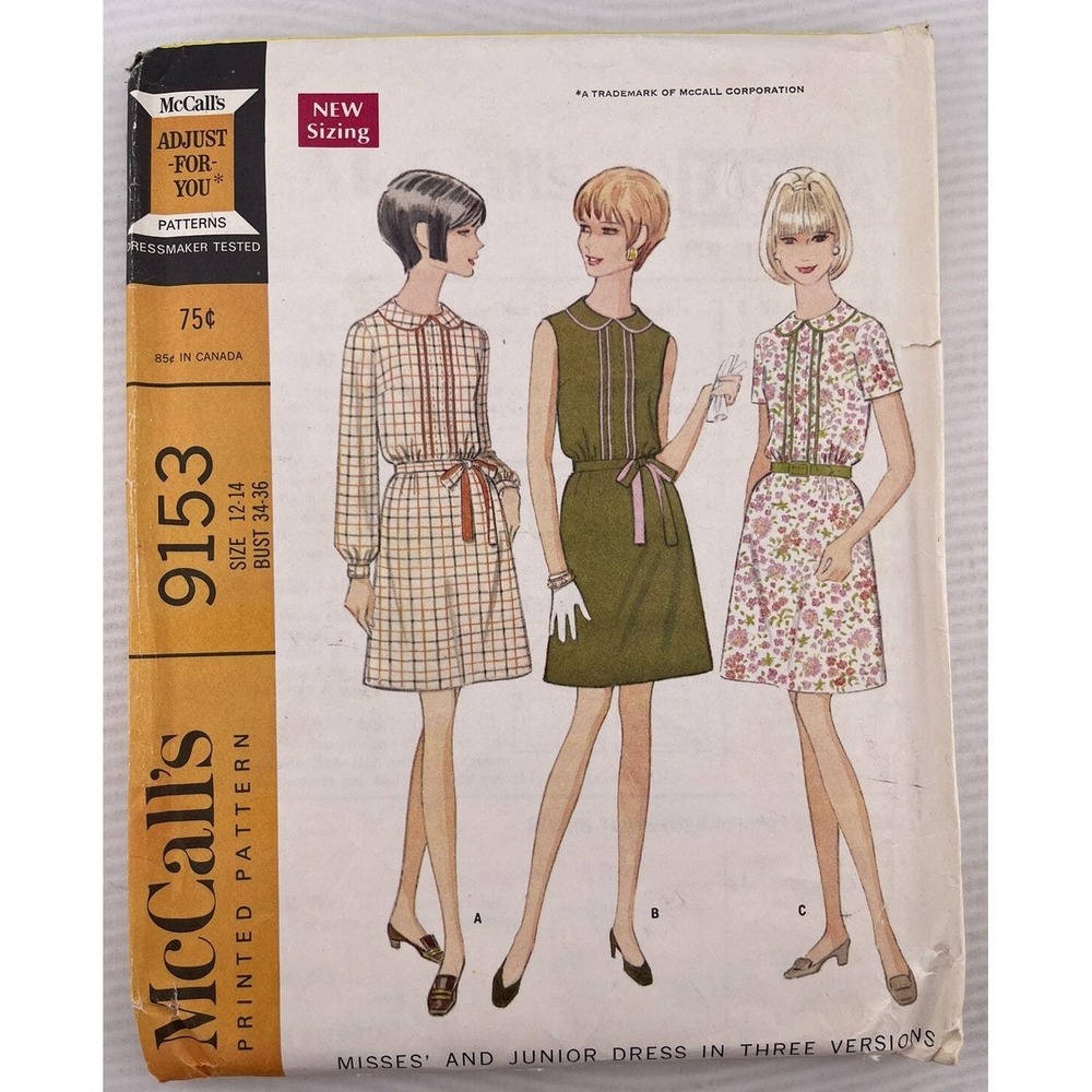 McCall's 9153 A-Line Dress w Front Tucks, Piping Detail & Collar Sz 12-14